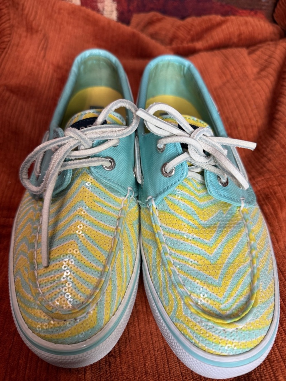 Sperry Turquoise and Yellow Chevron Slip-On Sneakers